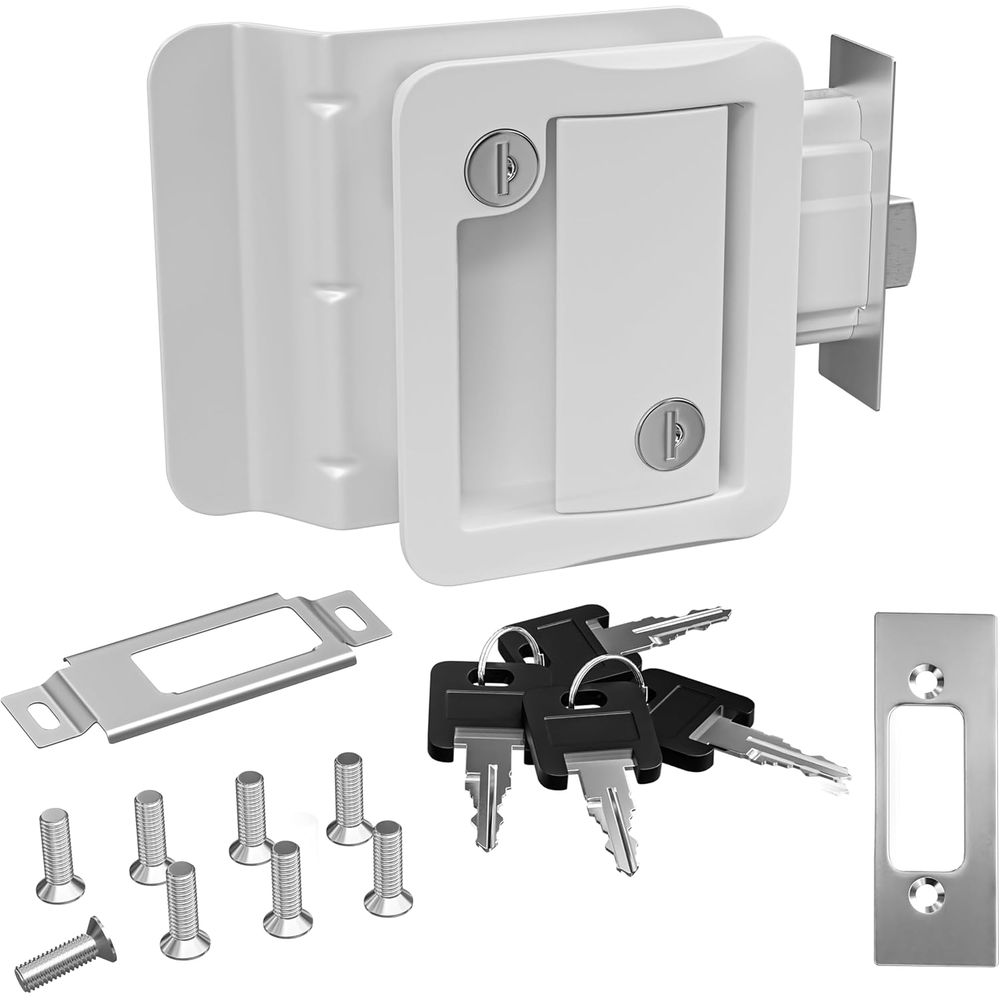 Door Lock - RVドアロック交換用パドルデッドボルト、キャンピングカーのドアハンドルラッチ、100%金属製RV密閉型トラベルトレーラーエントリードアロック