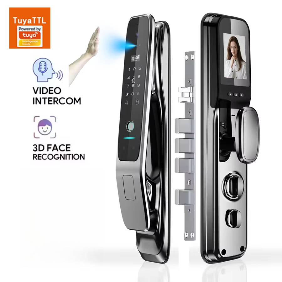Door Lock - Tuya全自動スマートドアロック、3D顔認証と指紋認証によるセキュリティ機能搭載、アルミ＆木製ドア対応、Wi-Fi接続